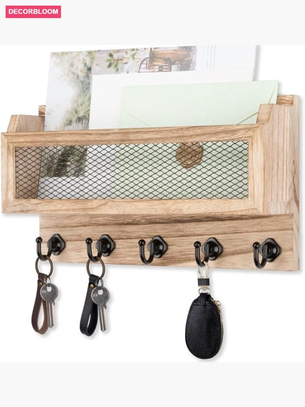 11-Inch Wooden Wall Key Holder with 5 Hooks, Mail Organizer Shelf